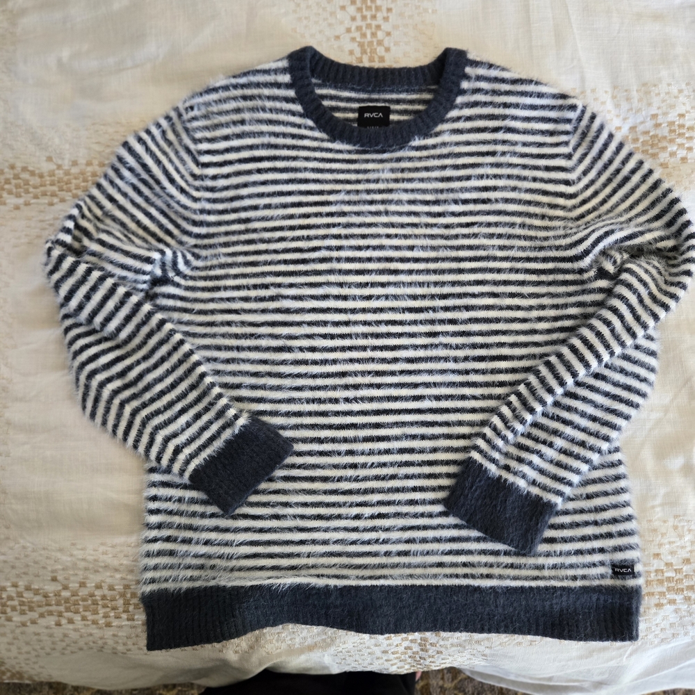 RVCA Navy and White Striped Crew Neck Sweater